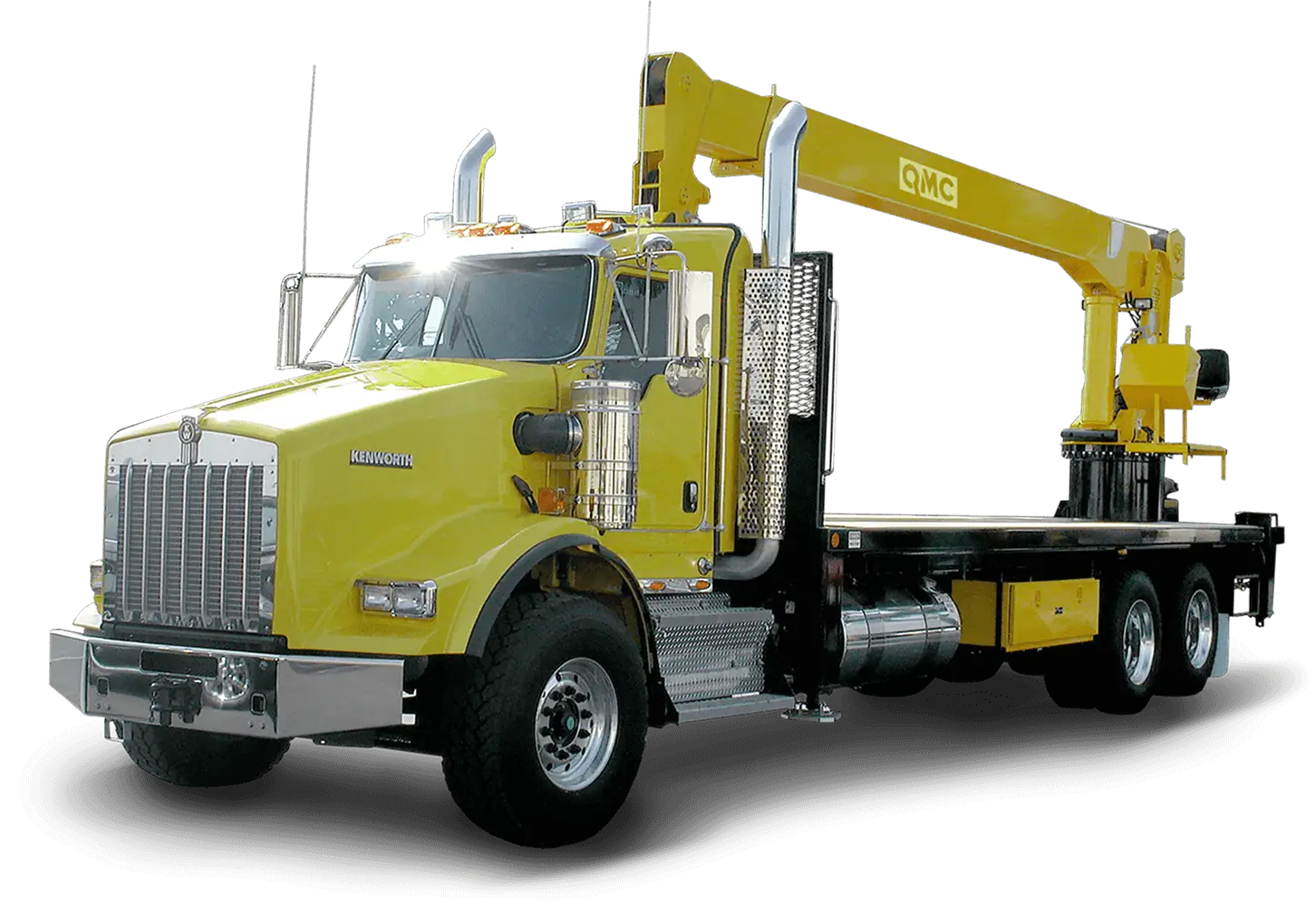 Yellow QMC rear mount boom truck crane displayed alongside safety features, highlighting high-capacity rear mount boom truck cranes designed for secure, reliable operation.